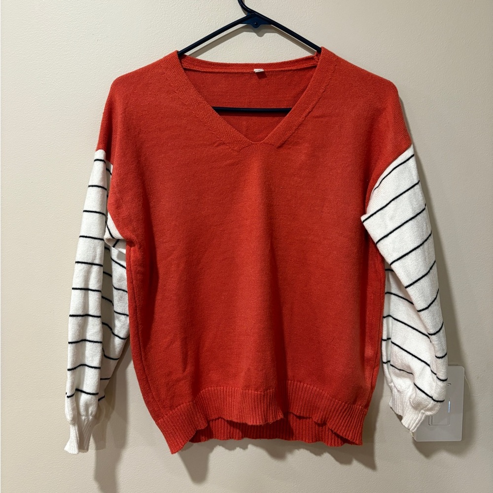Orange and White V-Neck Sweater